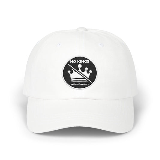 No Kings Dad Cap — Black Minimalist Baseball Hat with Struck-Through Crown Patch